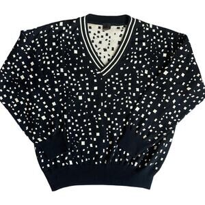 Vintage Mondi Navy/Cream Polka dotted V-Neck Sweater- 52(US L/XL)